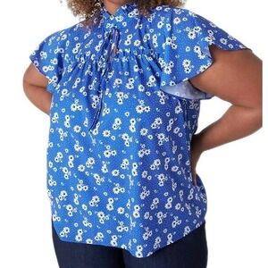 Lane Bryant Blue Floral Top Size 24 Double Tie Boho Romantic Cottagecore Blouse